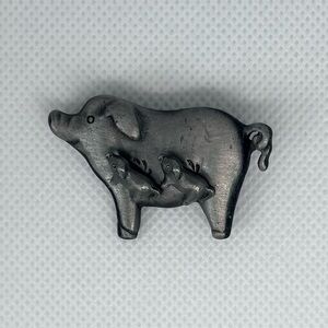Vintage Pewter Sow Pig Brooch and Piglet Stud Earrings Set | Farm Animal Jewelry